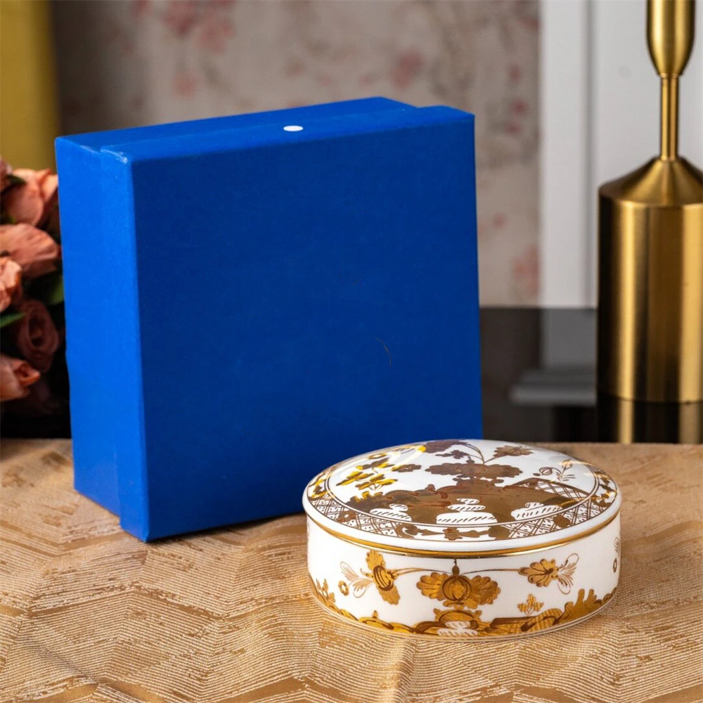 Home Ceramic Storage Box Golden Beige Jewelry Box 13CM Jewelry With Lid Printing Storage Box Holiday Gift With Gift Box