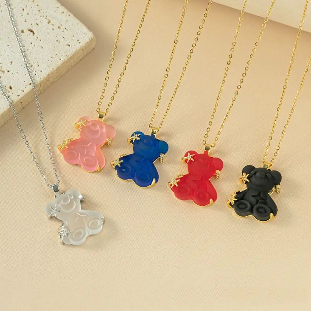 Senior Sense Cute Bear Pendant Necklace Titanium Steel Star Decoration Crystal Clavicle Chain Trendy Adjustable