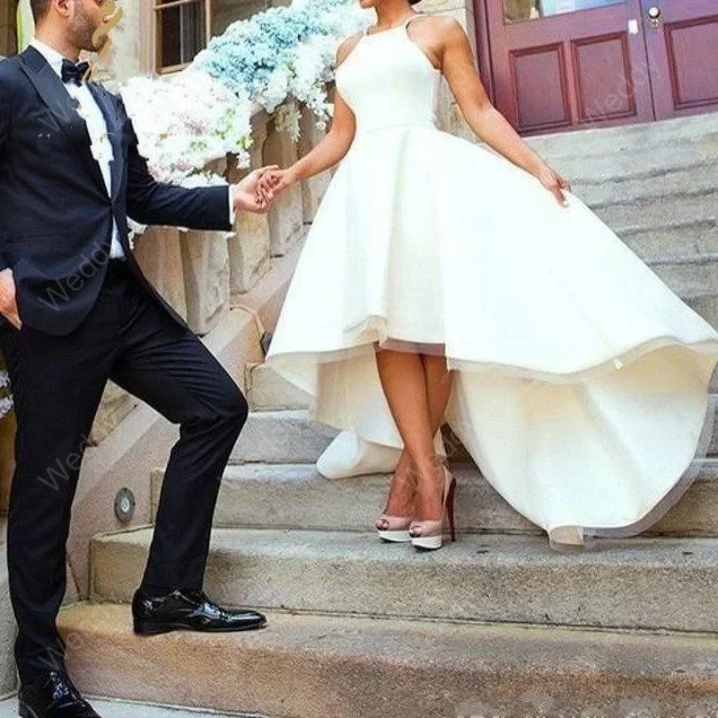 Customized New Arrival Sleeveless A-Line Satin Cheap Wedding Dresses High Low Robe De Mariee Bridal Gowns