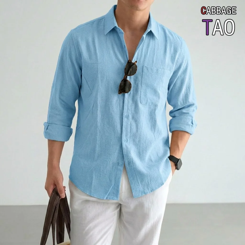 Mens Slim Fit Long Sleeve Crewneck Shirt Breathable Soft Linen Button Tops Casual Active Streetwear Running Gym Workout for Men