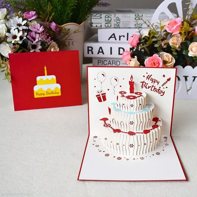Szczęśliwy kartka urodzinowa dla dziewczynki dzieci żona męża tort urodzinowy 3d Pop-Up kartki z życzeniami pocztówki prezenty z kopertą urodziny
