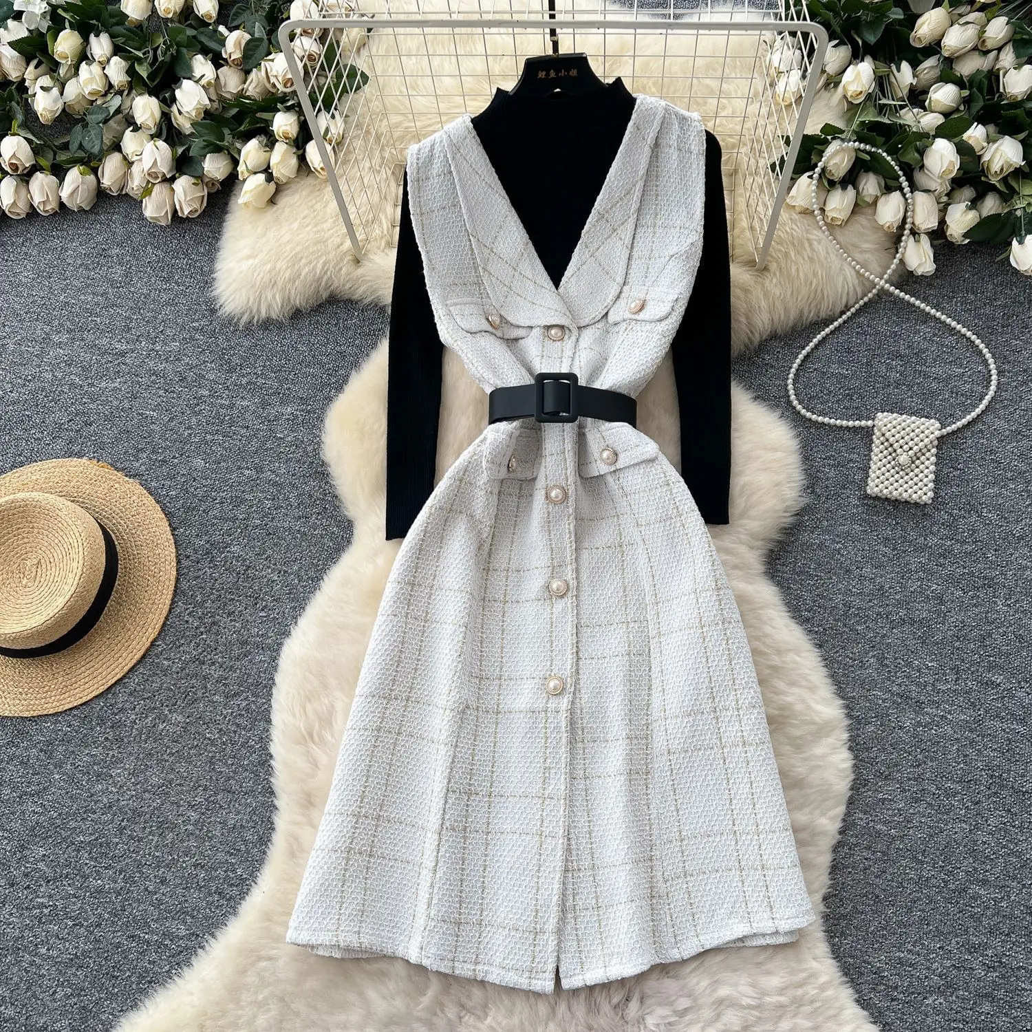 Women Two Pieces Dresse Sets Knitted Matching SetsTweed Plaid Sleeveless Mid Calf Lenth Dress High Neck Top Casual 2025 Autumn