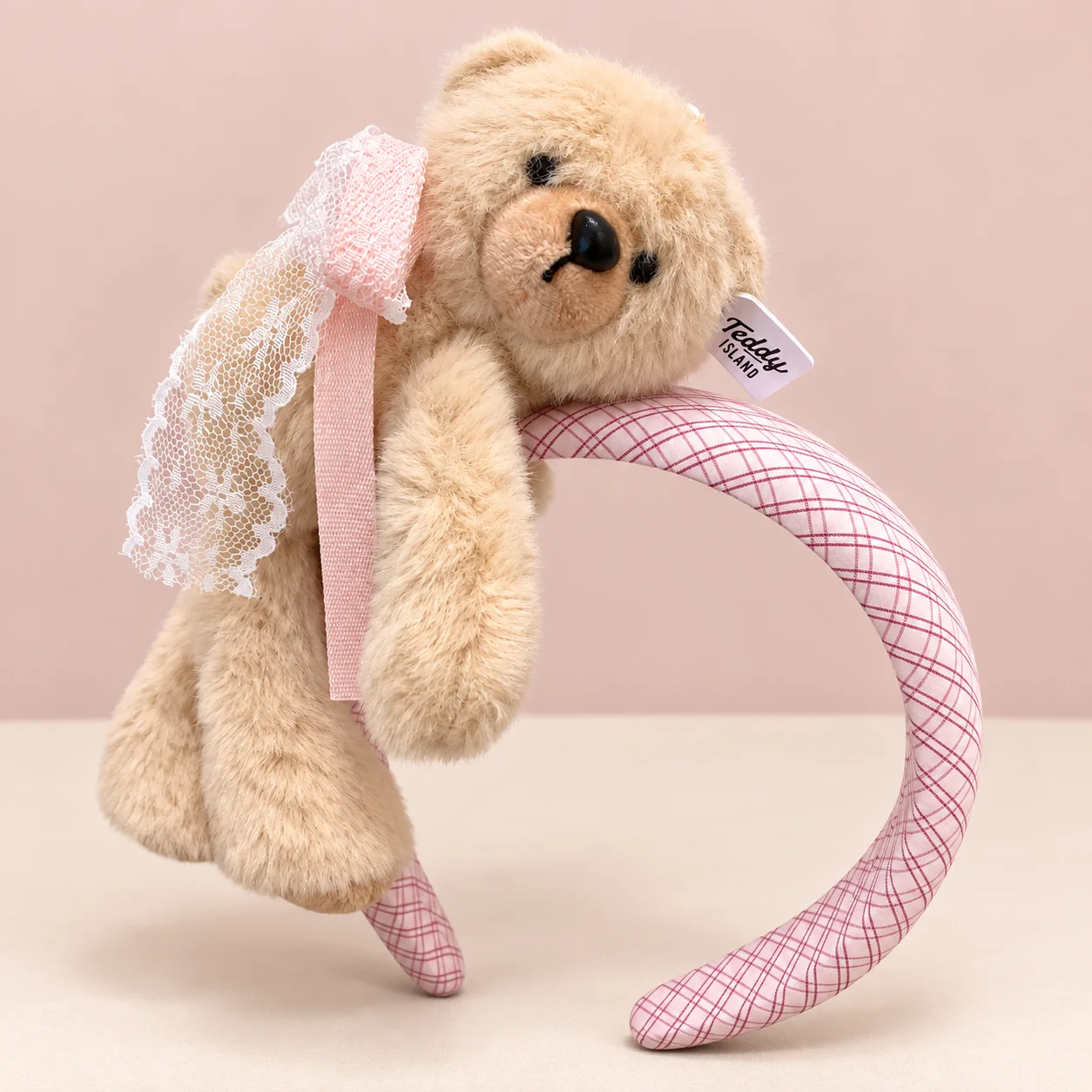 Cute Plush Teddy Bear Headband for Women, Plaid Padded Hair Hoop with Lace Ribbon Bow and Flowing Tails