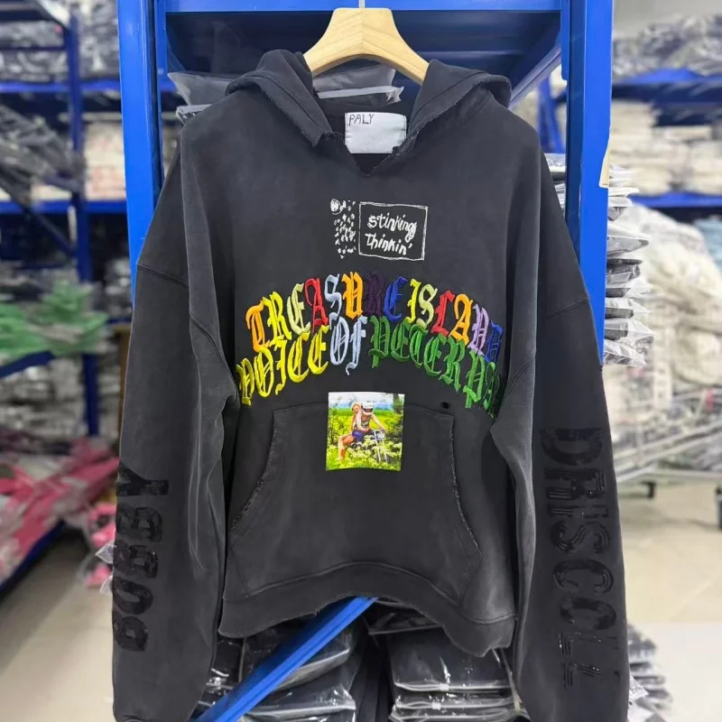Vintage Washed Hoodie Men Multicolor Embroidery Graphic Oversized Streetwear Sweatshirt