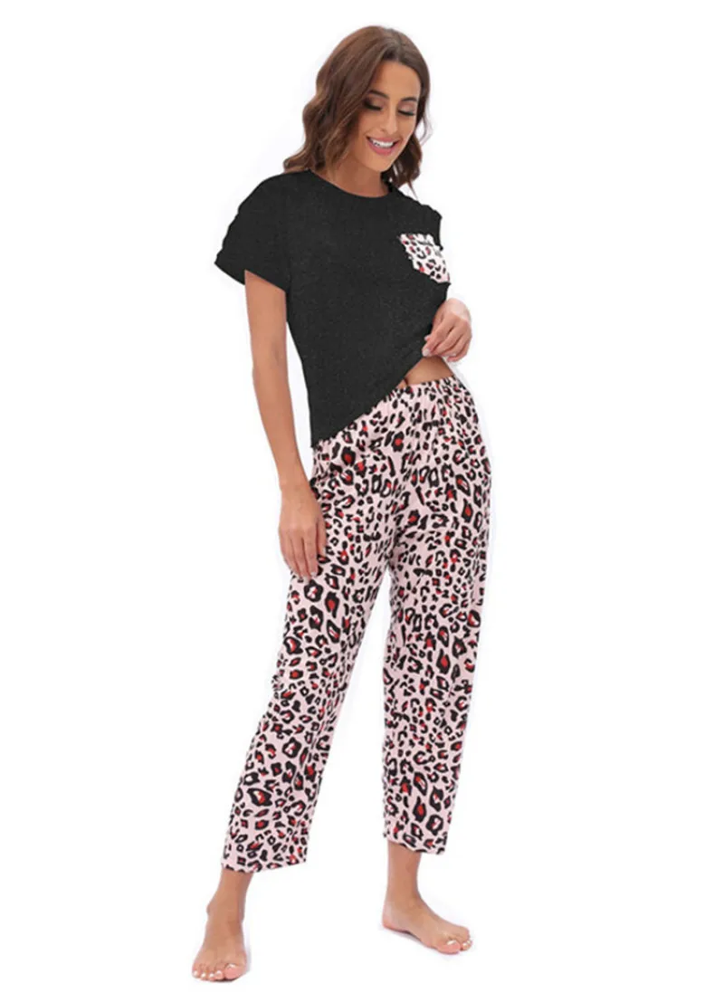 Damen Pyjama Set 2 Stück Leoparden muster Pyjama Tasche Nachtwäsche Frühling Sommer Kurzarm Hosen Pijama Mujer Pyjs Homewear