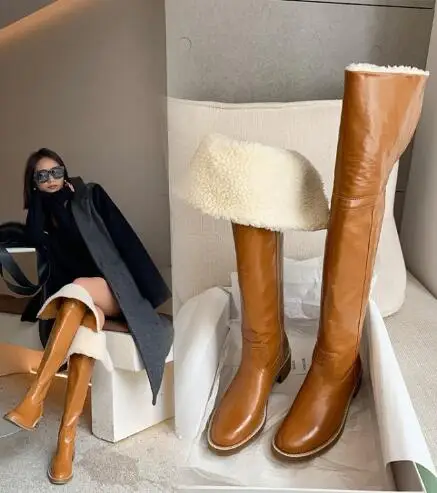 Winter Brown Black Genuine Leather Round Toe Lamb Fur Over The Knee Boots Women Med Heels Tube Slip On Warming Long Boots Shoes