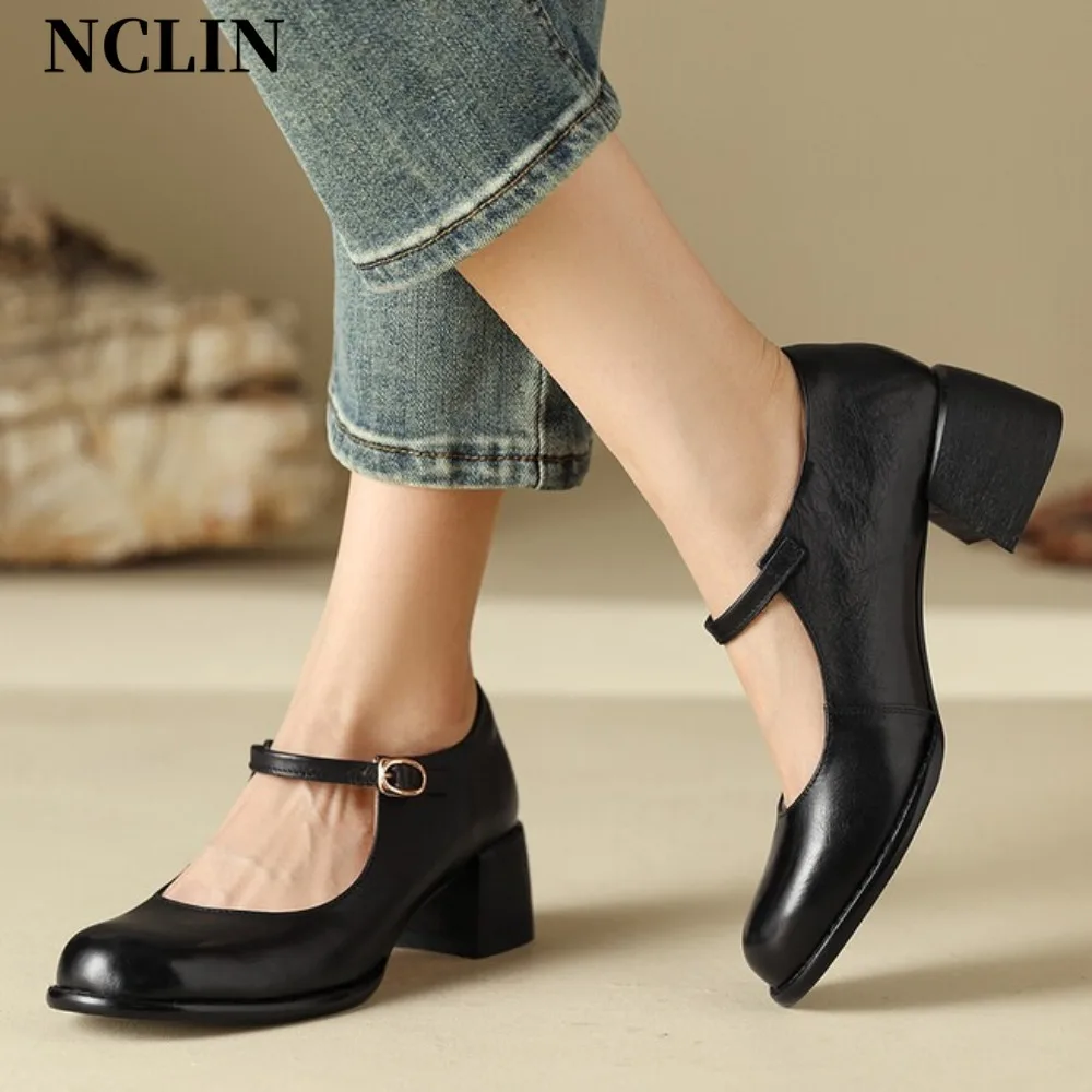 Black Genuine Leather Mary Jane Shoes Women Ankle Strap Low Heel Round Toe Retro Comfortable Casual Pumps