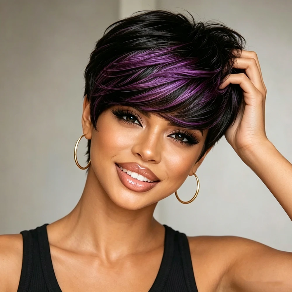 1B/Purple Short Pixie Cut Wigs Human Hair Straight Human Hair Wigs with Bangs for Women Layered Bazilian Hair Machine Made Cap
