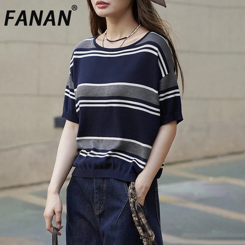 

FANAN Fashion Striped Contrast Color Knitting T-shirt For Women Round Neck Vintage Pullover Tops Female Cloehes 2025 Autumn New