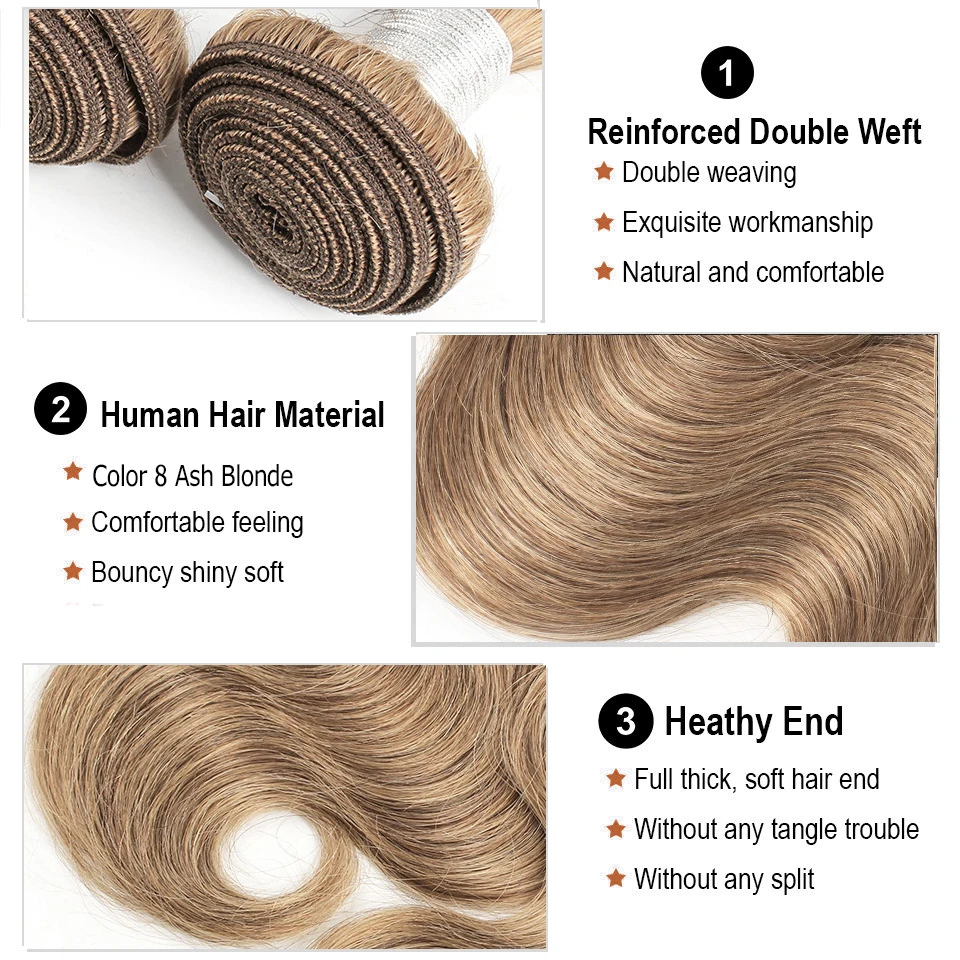 MOGULHAIR สี8 Ash สีบลอนด์27น้ำผึ้งสีบลอนด์อินเดีย Body Wave ผมสาน2/3/4 Remy เส้นผมมนุษย์ Extension