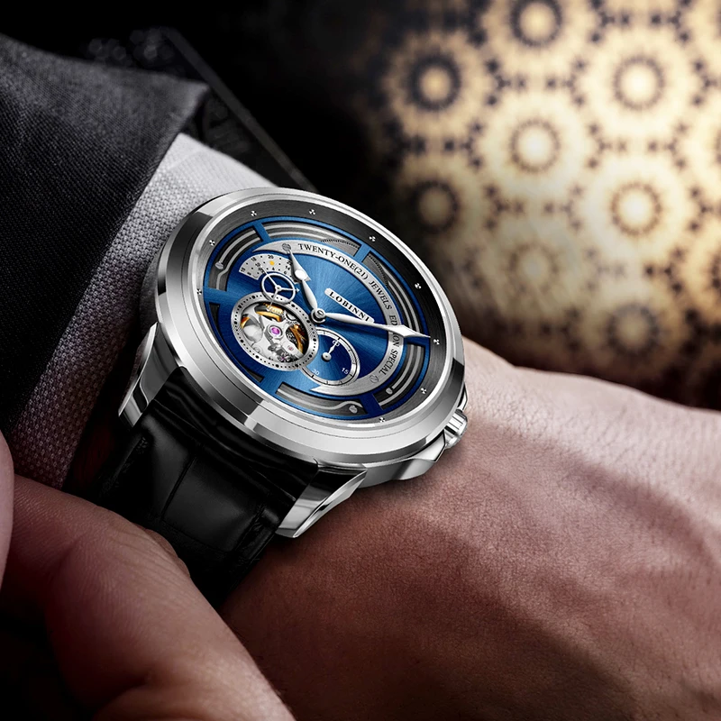 LOBINNI رجال الأعمال التلقائي ساعة اليد الميكانيكية متعددة الوظائف جوفاء دولاب الموازنة ساعة الياقوت الزجاج Waterpoor ساعة