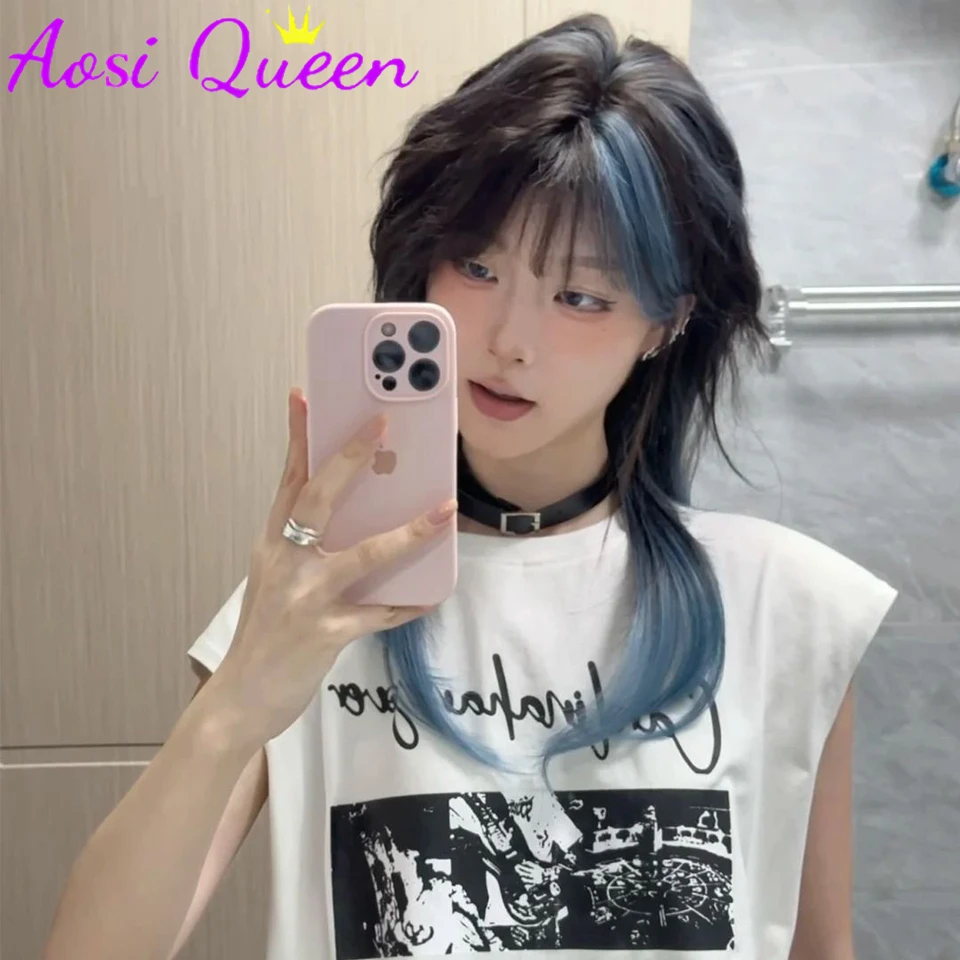 Black Blue Highlighted Long Straight Synthetic Wigs For Women Middle-parted Wolf Tail Layered Wig Suitable For Daily Role Playin