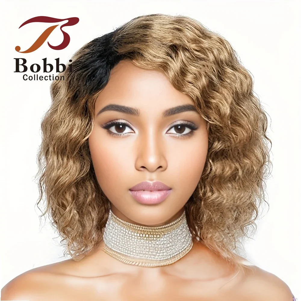 100% Human Hair Wig Deep Wave Curly Side Part Machine Made Full Wig with Bang Ombre Blonde Burgundy Ginger Natural Black Bobbi