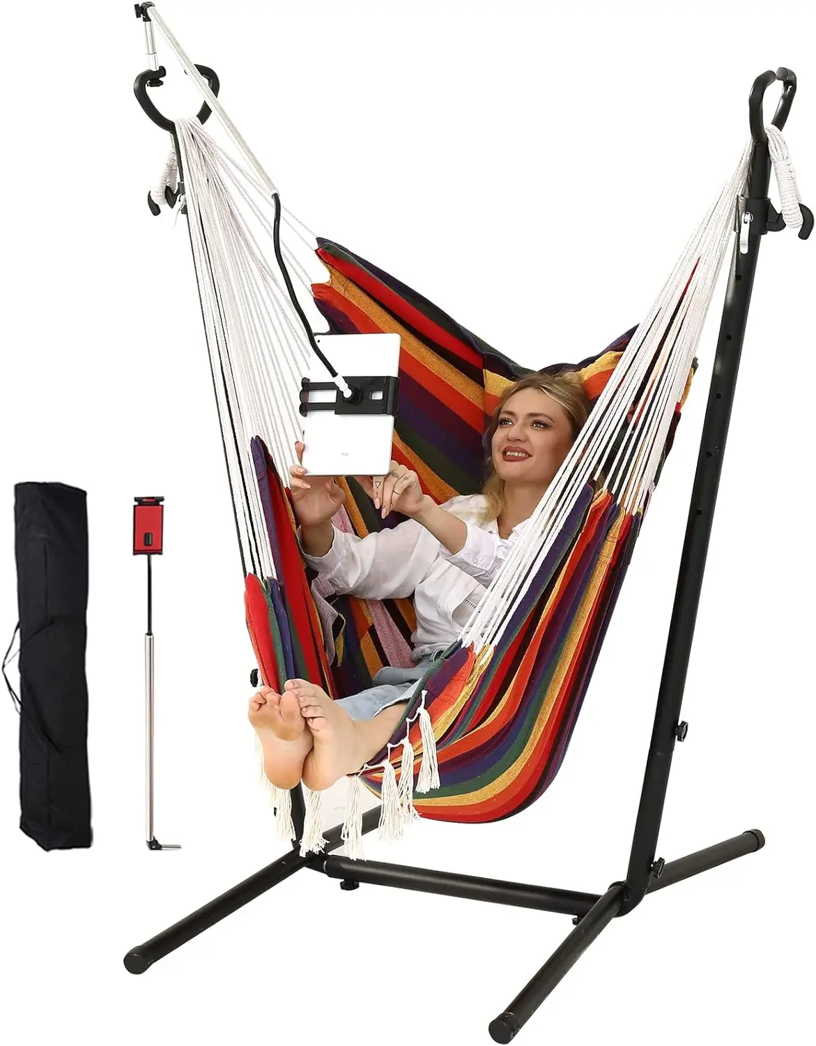 chair with stand double hammock chair bohemian style with tassel mobile phone support manual adjustable swing