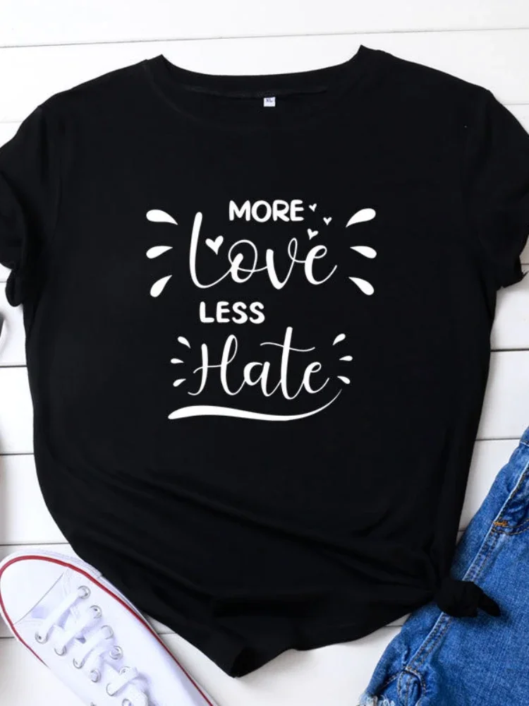 

More Love Less Hate Letter Print Women T Shirt Short Sleeve O Neck Loose Women Tshirt Ladies Tee Shirt Tops Camisetas Mujer