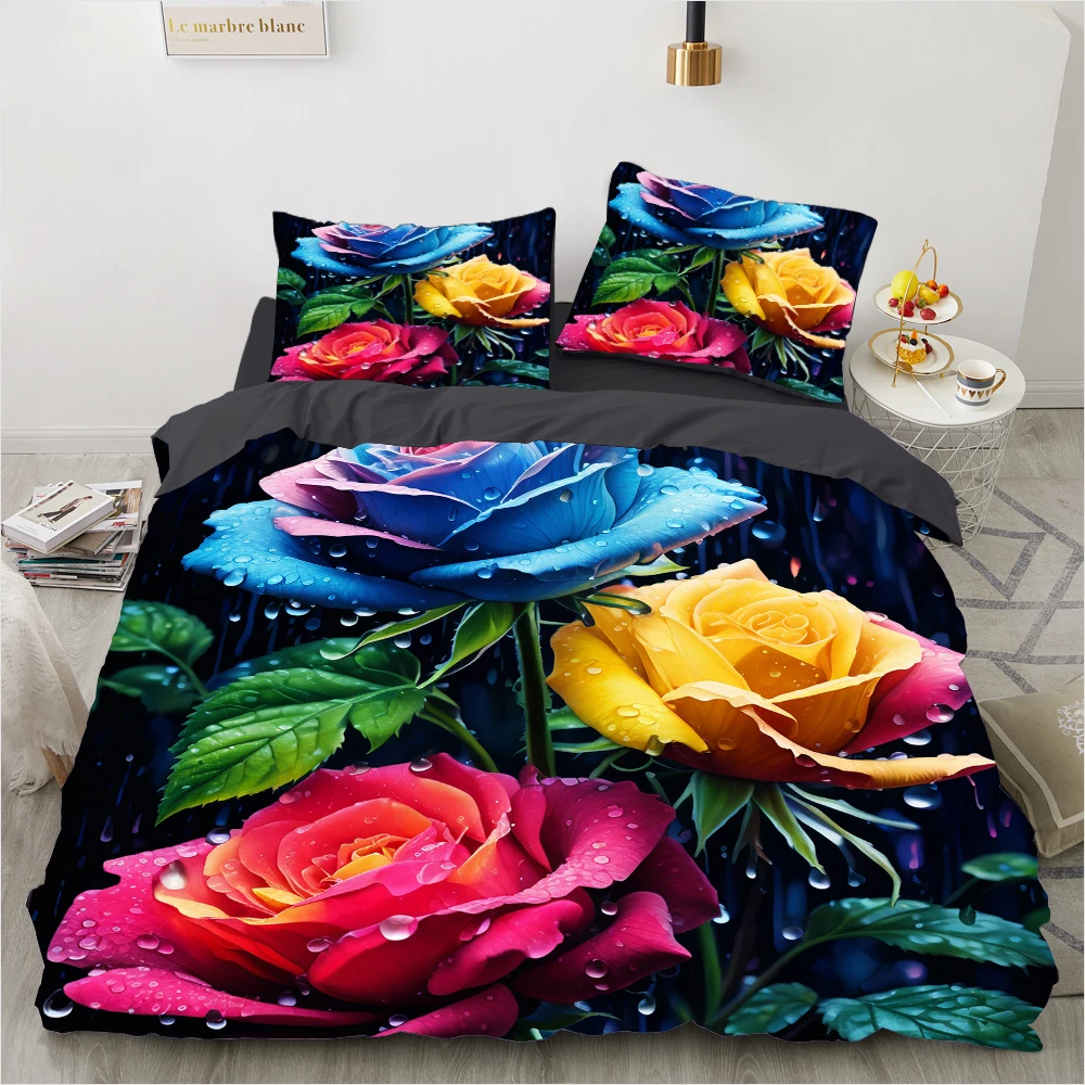 

Rose Duvet Cover Set Floral Flowers 2/3pc Colorful Bedding Twin/Full/Queen/King size Quilt/Comforter Cover sets Linens Black