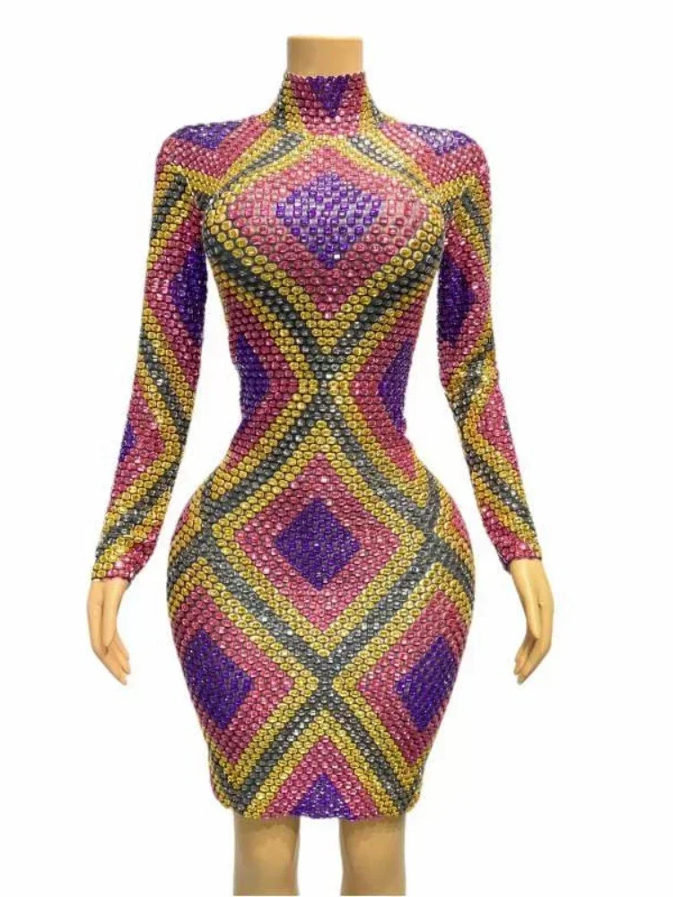 Bling Bling Long Sleeve Women Short Dress Rhinestone Drag Queen Outfit Birthday Stage Performance Costume Celebrate 2023