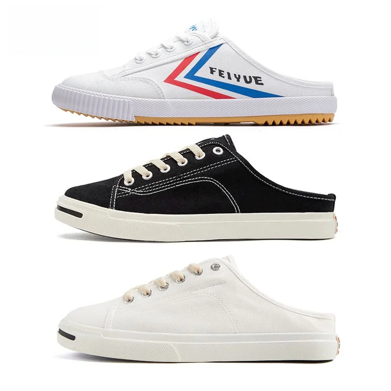 

Feiyue Women's Canvas Slip-On oes Pure Bla f Slippers Breathable Flat Heel Rubber Sole Casual Summer Footwear 23