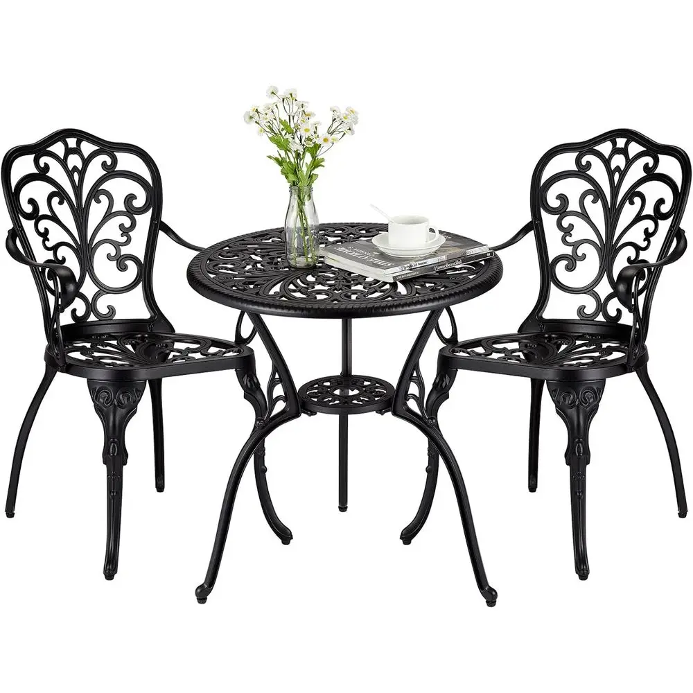 

Outdoor 3-Piece Bistro Set: Weather-Resistant Cast Aluminum Table & Chairs with Umbrella Hole for Patio, Balcony, Porch - Black