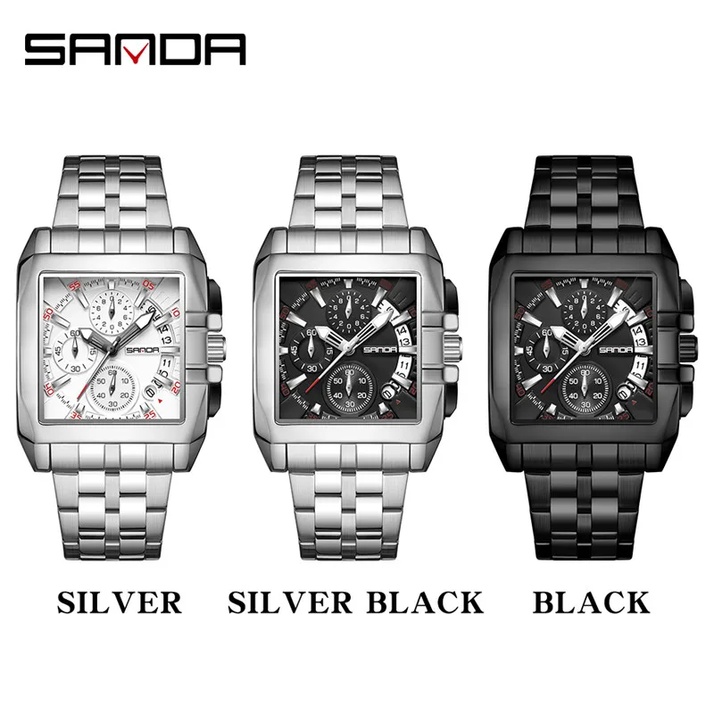 Fashion Sanda Top Luxury Man Six-needle Quartz Movement Waterproof Date Full Stainless Steel Strap Business Watch Reloj