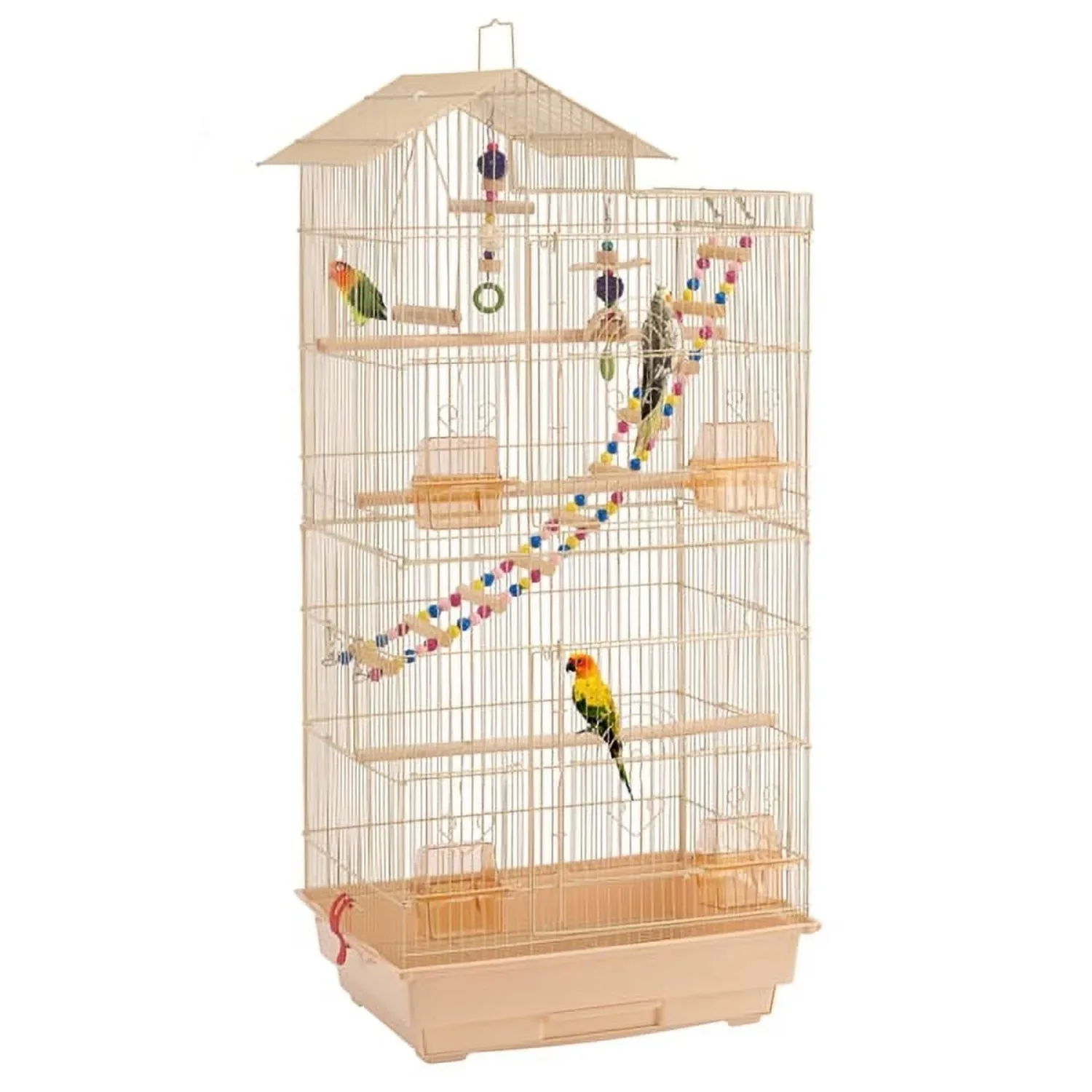 

39" Metal Bird Cage with Perches and Toys, Almond