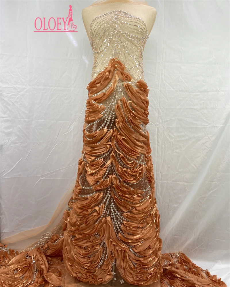

OLOEY French 3D Flower Wedding Dress Lace Fabric African Nigerian Beaded Sequins Embroidered Lace Fabric for Wedding Party