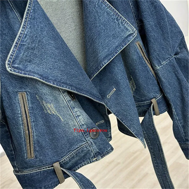 Spring Autumn Vintage Short Denim Jacket Women 2024 New Patchwork Leather PU Jeans Coat Fashion Loose Outwear Streetwear B286