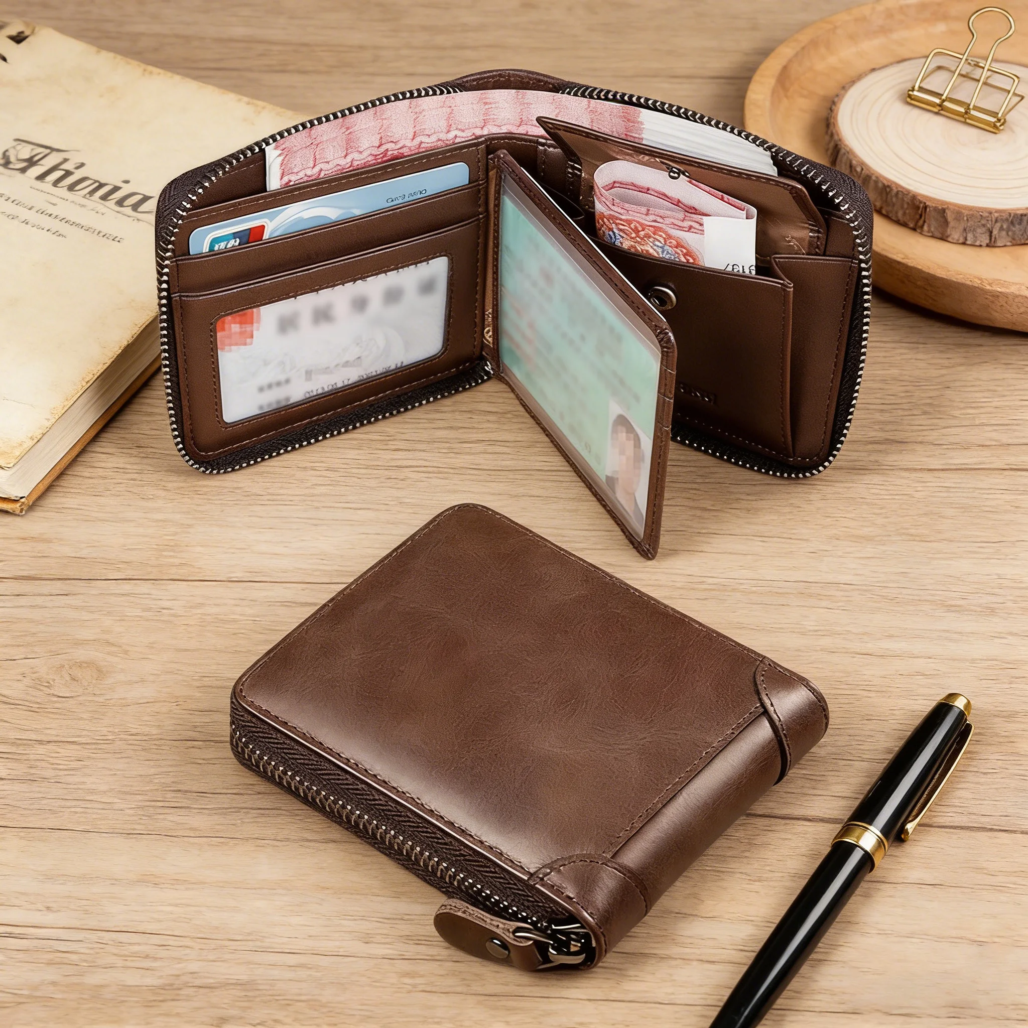Vintage Wax Trifold Zipper Wallet, Dual Clear ID Windows, Large Capacity for Cards Cash Unisex Minimalist Business Style