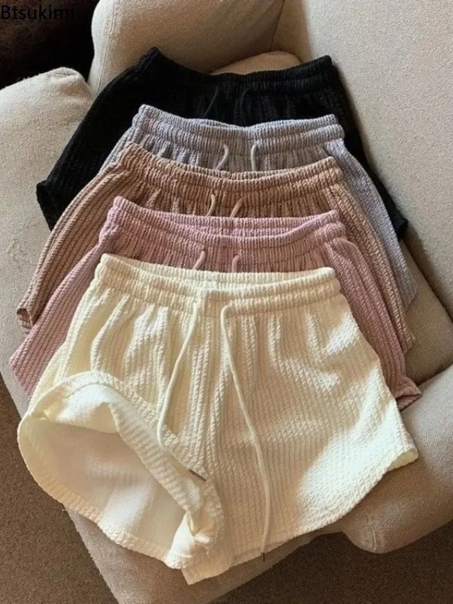 Summer Shorts Women's Waffle Sport Fitness Shorts Loose Casual Drawstring Wide Leg High Waist Short Pants Girls A-line Hot Pants