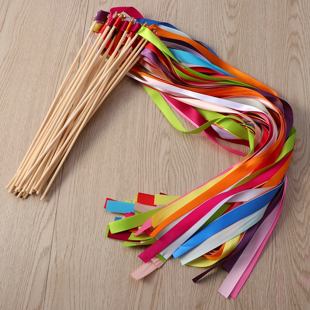 

50 Pcs Fairy Wand Ribbon Streamers Wands Sticks with Bells Light Wedding Bamboo Party