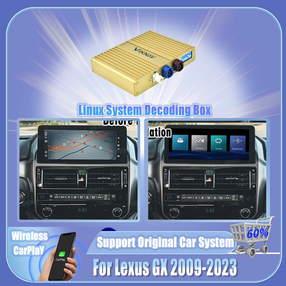 Viknav Linux Interface Decoding Box For Lexus GX 2009-2023 Wireless Apple CarPlay Android Auto Upgrade Decoder Box