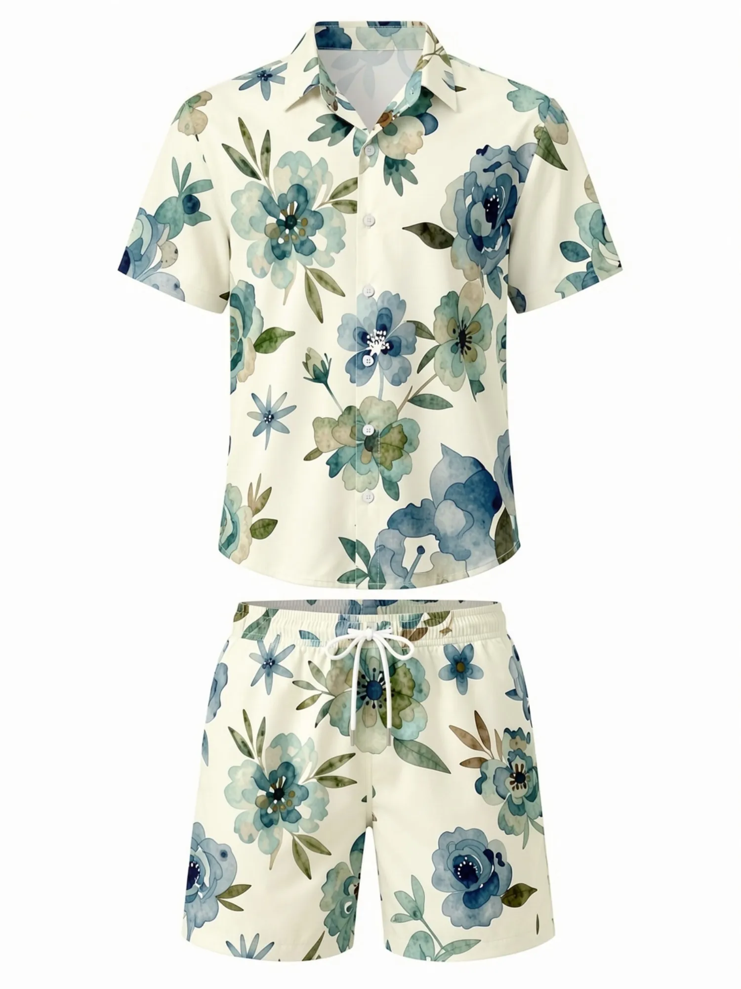 Mens Floral Short Sleeve Shirt and Drawstring Shorts Set Beach Vacation Matching Beach Two Piece Relaxed Beach Outfit Loungewear view 2