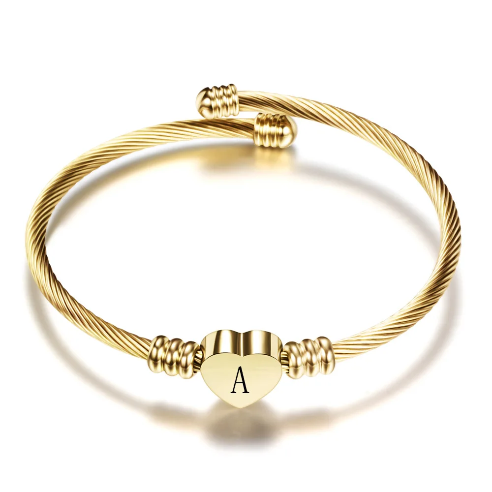 26 Initial Stainless Steel Bangle For Women Gold Silver Color Heart Letter Charm Cuff Bracelet Girls Birthday Party Jewelry