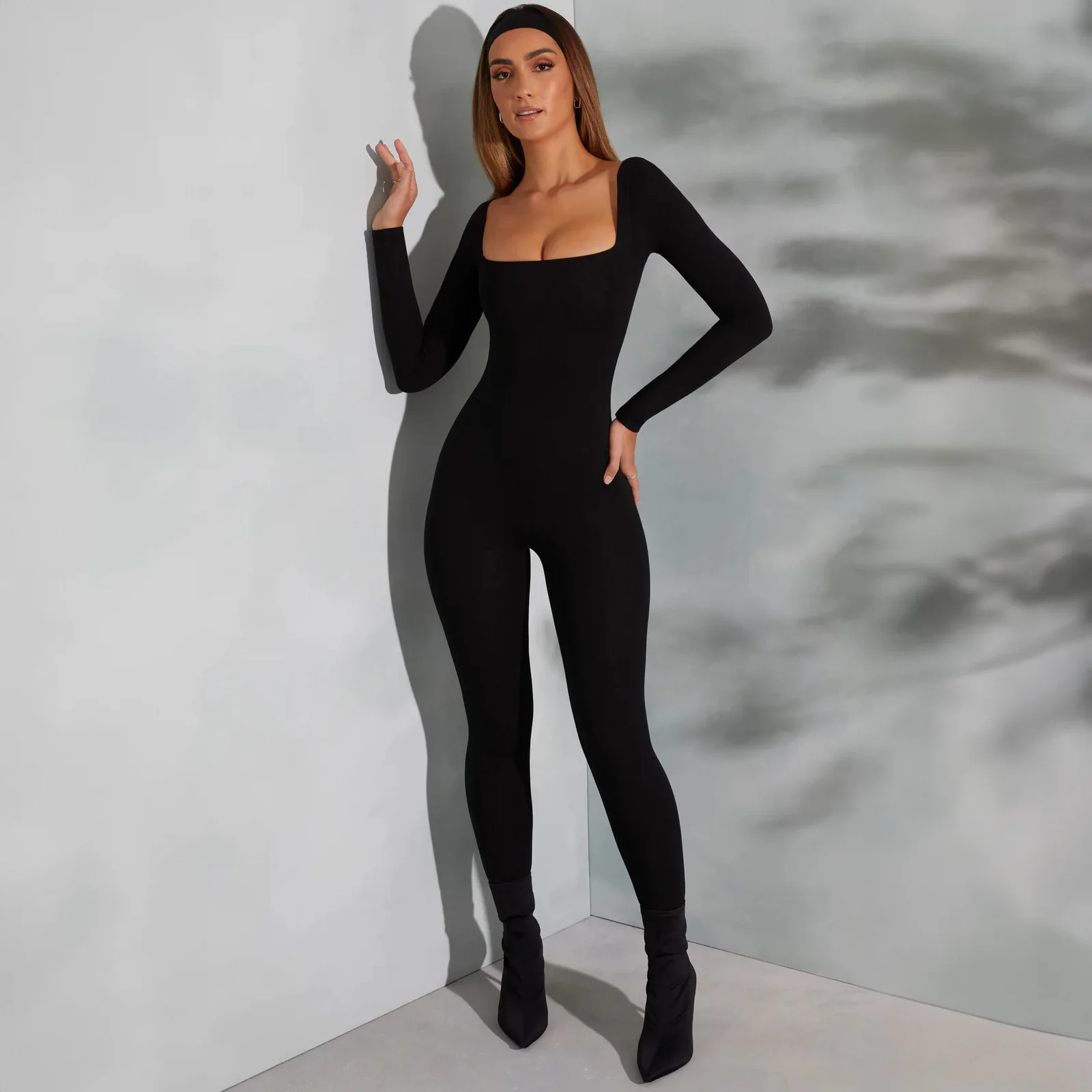 2025 Fashion New Style Casual Elegant Solid Color Sexy Long Sleeve Tight Waist Waist And Butt Lifting Square Neck Jumpsuit