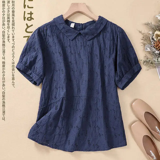 

Hollowed Out Jacquard Shirts 2025 Women's Clothes Short Sleeve Peter Pan Collar Blouses Camisas De Mujer Chic Summer Blouse Tops
