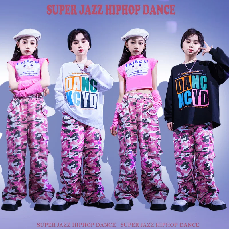 

Girl Boy Kpop Hip Hop Clothing Crop Tank Tops Sweatshirt Pink Camo Casual Wide Cargo Pants for Kids Jazz Dance Costumes Clothes