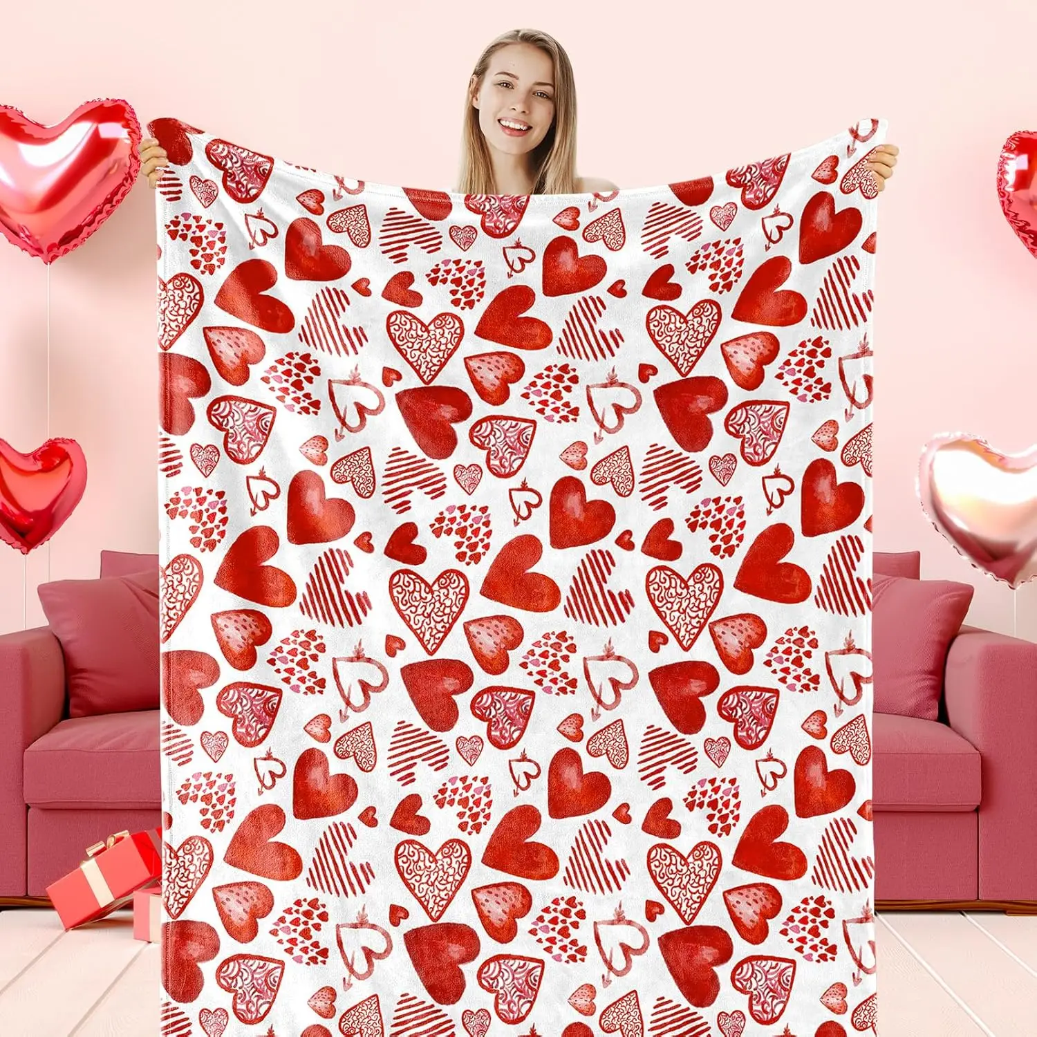Soft And Cozy Red Heart-Themed Fuzzy Blanket for Valentine'S Day, Perfect for Parties Or Home Use on Beds, Sofas, Or Chairs, Mea
