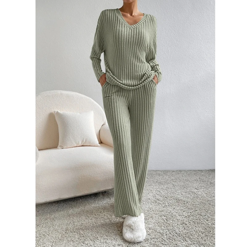 

Fashion Knitted Tops and Leg Pants 2 Two Piece Sets Womens Outifits Simple 2023 New V-neck Pit Stripe Loose Casual Clothes 30515