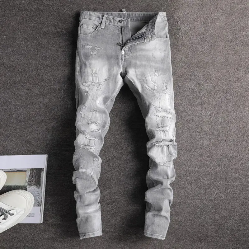 Street Fashion Men Jeans Retro Gray High Quality Stretch Slim Fit Ripped Jeans Men Patched Designer Hip Hop Brand Pants Hombre