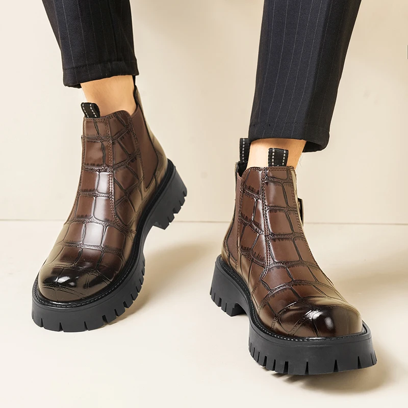 موضة سميكة سوليد الراحة أحذية جلدية غير رسمية فاخرة عالية أعلى الأعمال مكتب التنقل الأحذية جودة الرجال تشيلسي الأحذية #4