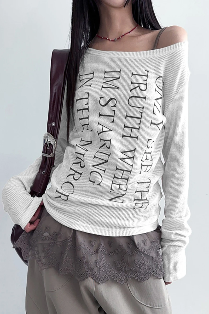 SUCHCUTE T-Shirt mit schrägem Kragen und Buchstaben-Aufdruck für Damen, elegante Langarm-T-Shirts, Y2k, sexy Streetwear-Tops, lässiges Outfit, Sommer-Chic – Detail 17
