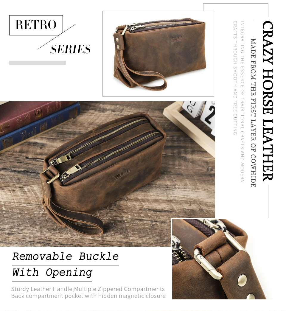 CONTACT'S Vollnarbenleder Herren-Handgelenktasche mit Doppelreißverschluss, Reise-Organizer, große Kapazität, handgefertigte Herrentasche – Detail 2