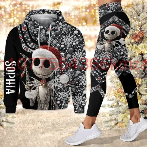 Personalizado disney jack skellington moletom com capuz e leggings feminino natal calças de yoga moletom moda esportes terno