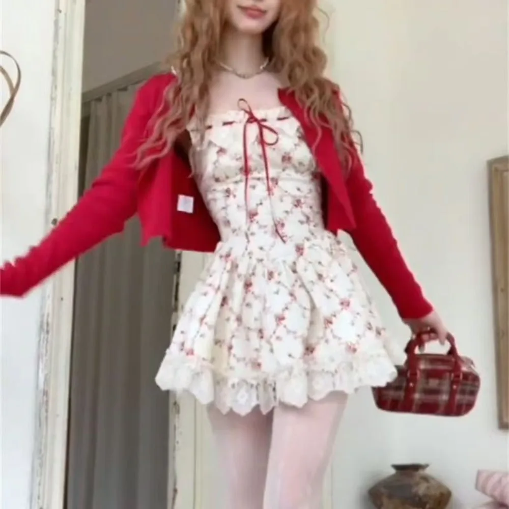 New Autumn Sweet Floral Dress Set Woman Casual Red Cropped Cardigan Elegant Lace Y2k Mini Dress Korean Fashion Clothing Suit