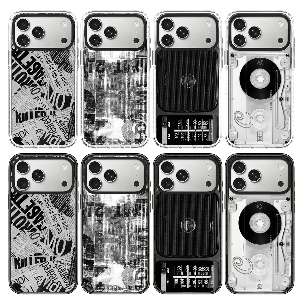 Casing HP Akrilik Bingkai Hitam Motif Koran 2.0 untuk iPhone 12 13 14 15 16 17 Pro Max dan iPhone 17 Air