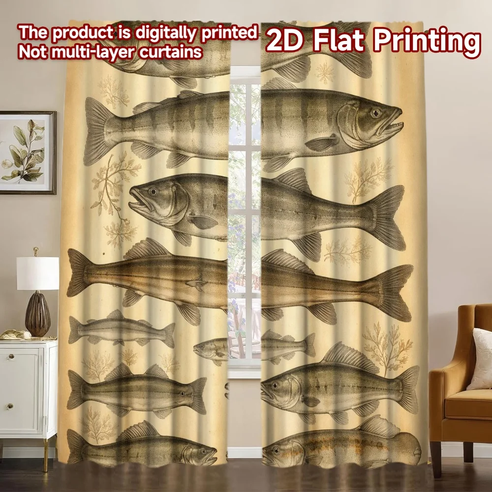 2D FLAT PRINTING 2 Stück Vorhänge (ohne Stange) Antike Fischillustration Beliebte Vorhänge & Fensterdekoration Garnvorhänge