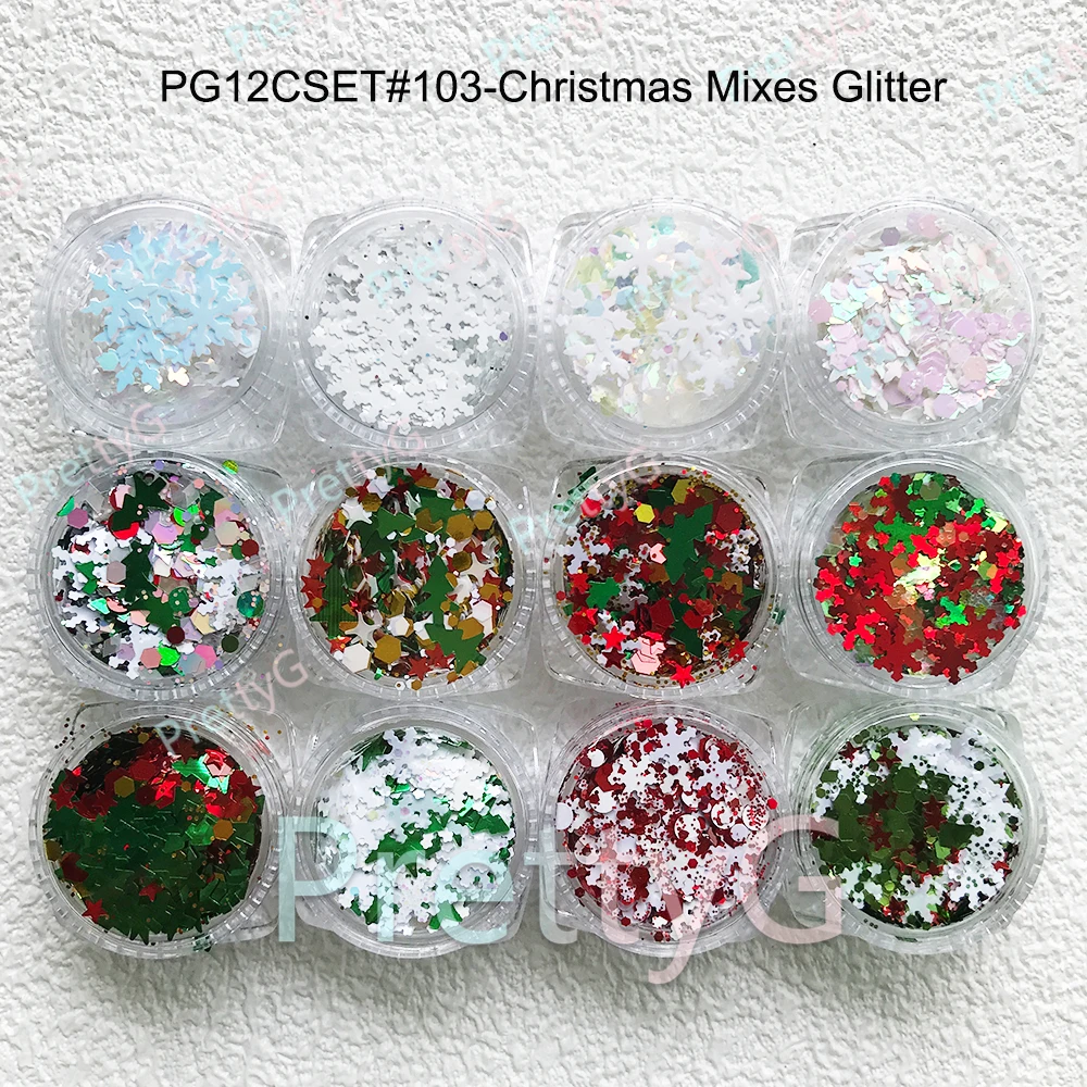 PrettyG 12 ألوان مجموعة عيد الميلاد مكتنزة يمزج بريق السائبة مسمار عيد الميلاد ندفة الثلج بريق الترتر DIY بها بنفسك هلام مسمار الفن الديكور