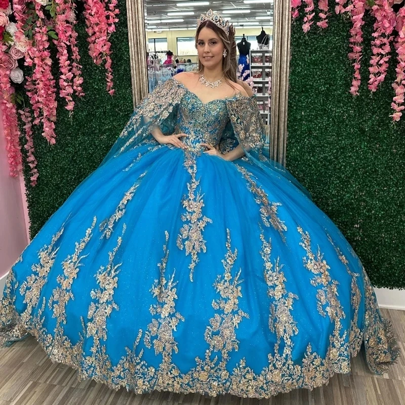 

Blue Off The Shoulder Quinceanera Dresses Ball Gown Gold Applique Lace Beads Crystal Corset Sweet 16 Vestidos 15 De Xv Años