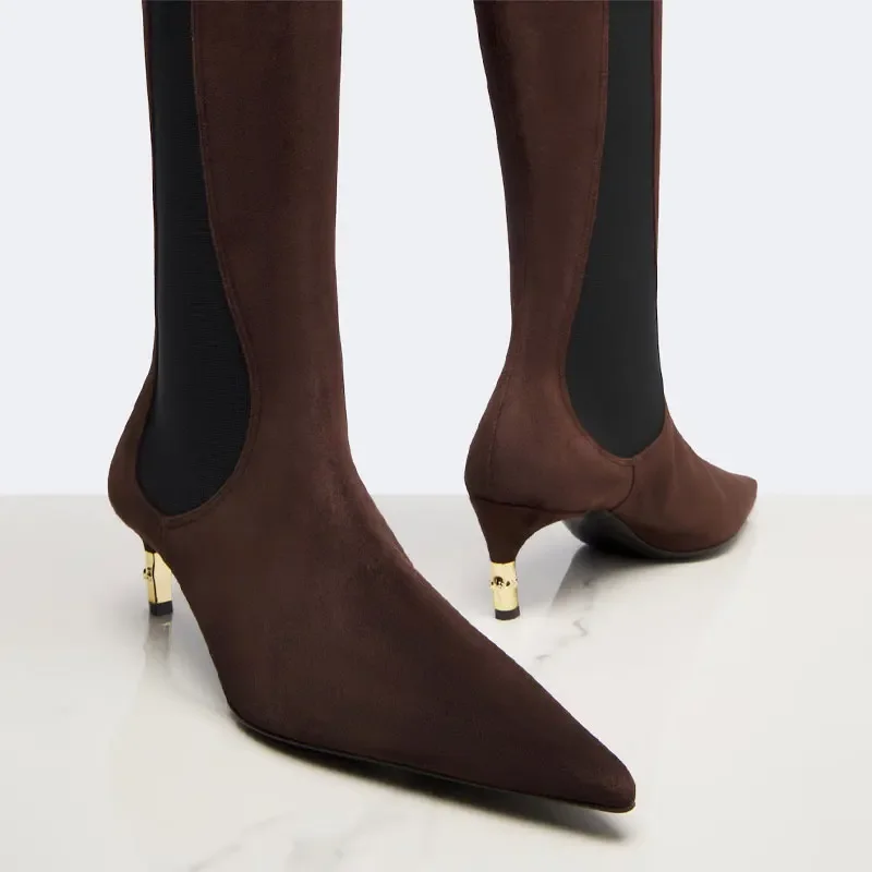 2026 New Low Heel Knee High Boots with Pointed Kitten Heels and Elastic Fabric Autumn and Winter Fashionable Mid Length Boots