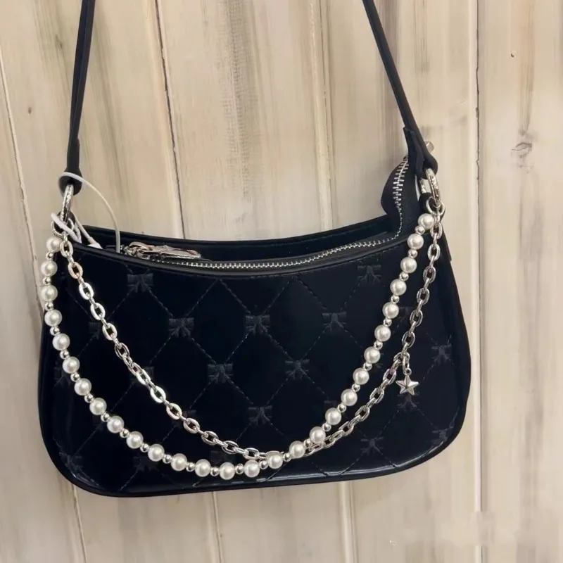 Xiuya Borsa a tracolla da donna rosa Elegante fiocco carino Catene di perle Borsa con ricamo con fiocco Borsa femminile in pelle moda coreana casual